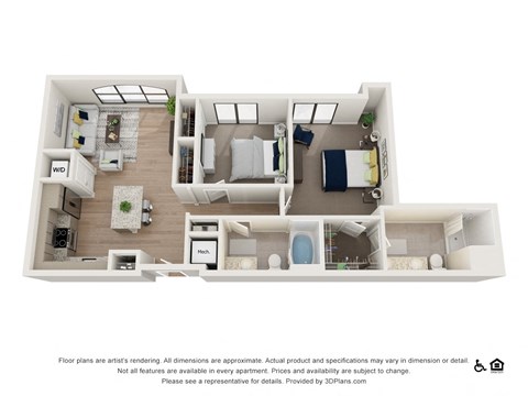 Floor plan for 2 beds, 2 baths, 1057 sqft